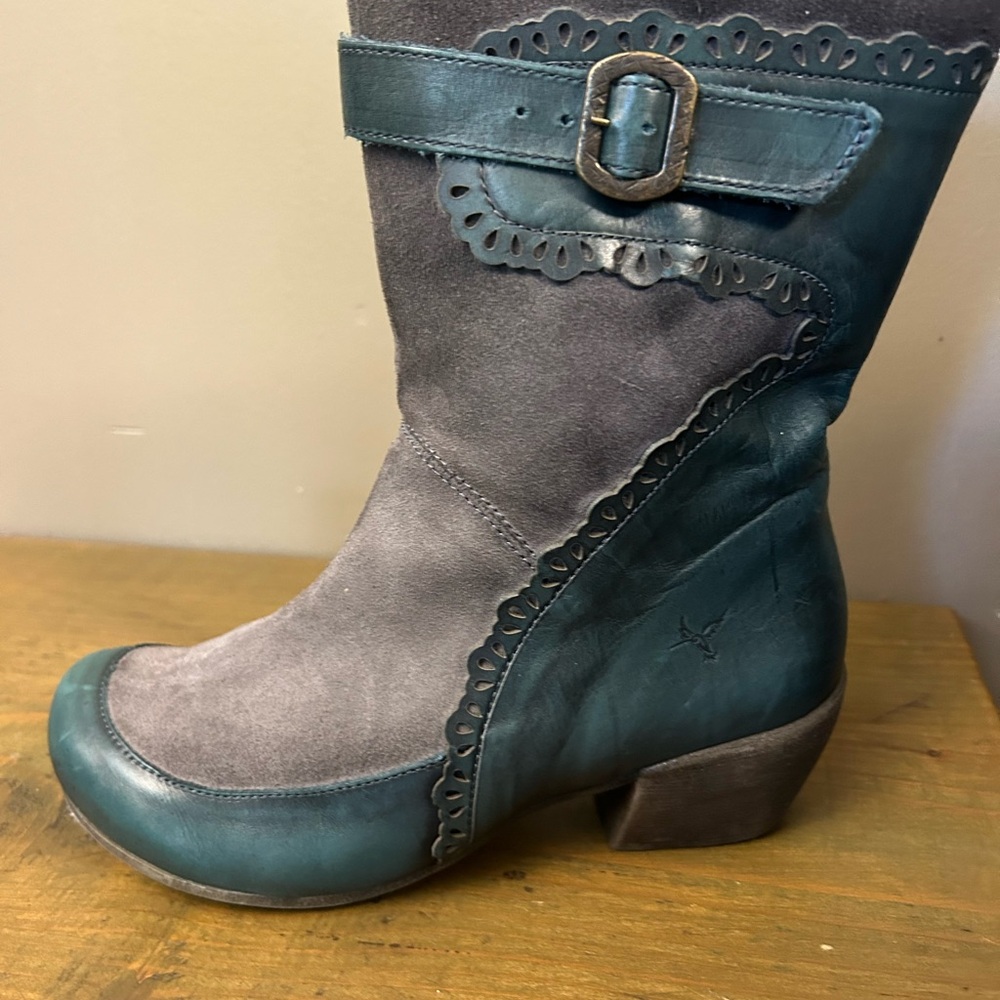 Porto-fino Boots. Teal Leather & Grey Suede, Tan Inside.